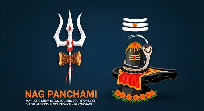 Nag Panchami Festival Greeting with Shiva Lingam, Trishul and Cobra Snake