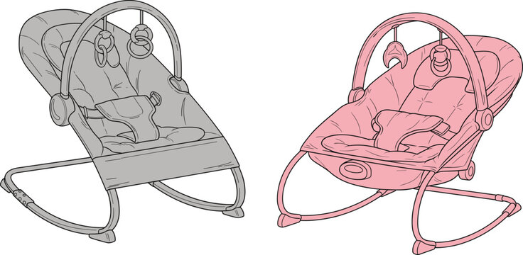 Baby bouncer rocker seats with padded cushions, curved frames, toy bars, and color variations for infant comfort and stimulation illustration