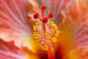 Fototapeta premium Macro close up of hibiscus flower pistil and stamen with pollen grains