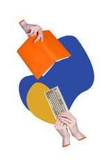 Fototapeta premium Vertical photo collage of people exchange book vs keypad computer equipment office workers student planner isolated on painted background