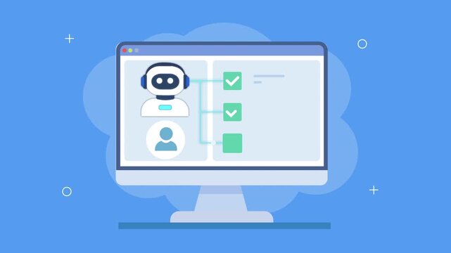 Flat vector animation of a user task dashboard with robot assistant, profile icon, checklist, and workflow elements, representing account management and automation systems.