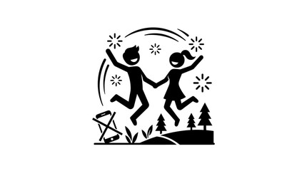 Obraz premium Joyful Couple Jumping with Fireworks and Nature Background