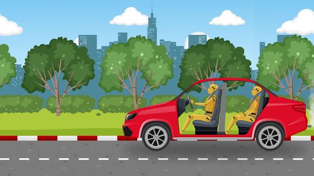 A motion graphic of a red car with crash test dummies driving on a road and crashing into a barrier, highlighting automotive safety.