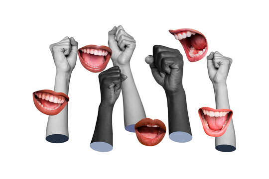 Creative poster collage hands body fragments protest activists mouth face scream shout community against support rights voters