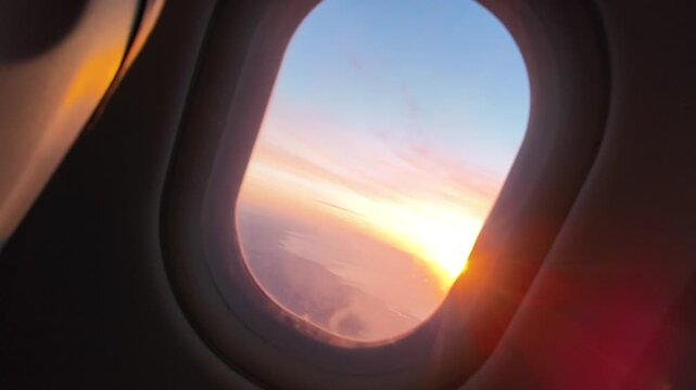 Hand opening an airplane window shade revealing a stunning sunrise view with golden light illuminating the passenger cabin, creating a magical travel atmosphere
