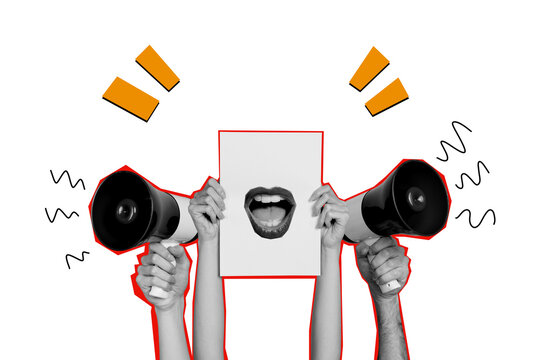 Composite photo collage of people hands hold picket banner faceless mouth megaphone agitation strike isolated on painted background
