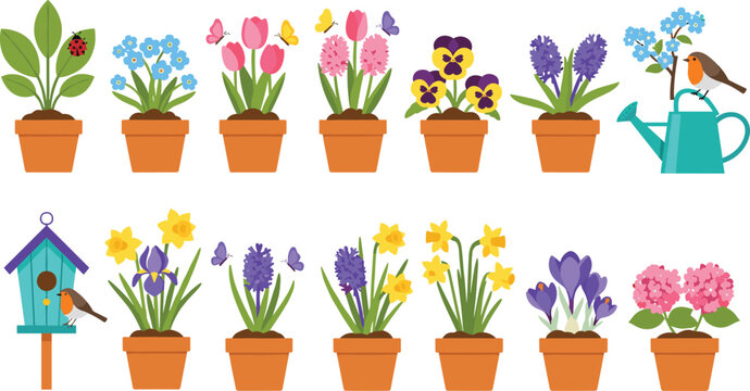 Set of flat vector spring garden icons with flowers in pots birdhouse watering can and robin bird isolated on white background for seasonal gardening design