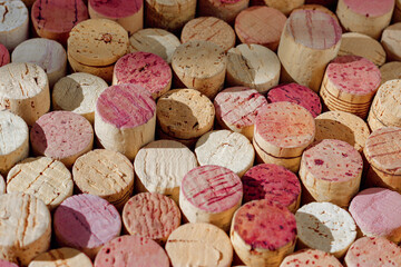Naklejka premium Many wine cork from white and red wine, natural texture bottle stoppers top view, colorful background from closeup wooden corks. Natural textured stoppers at sunlight. Winery, winemaking concept