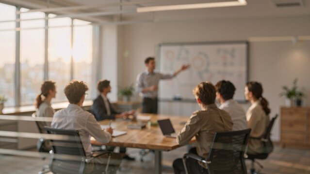 Business meeting with presenter at whiteboard