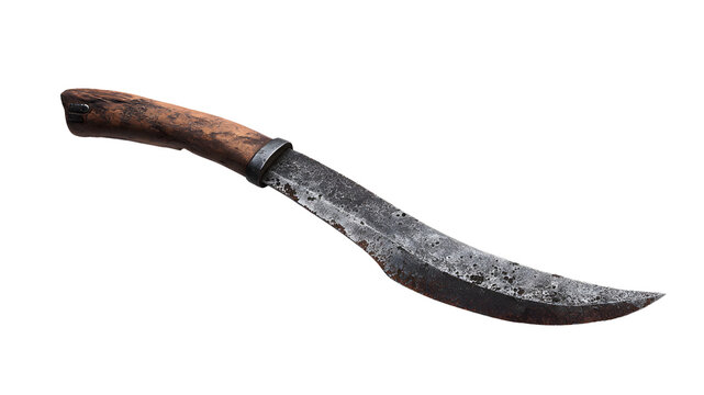 Rusty Curved Knife with Wooden Handle on Transparent Background