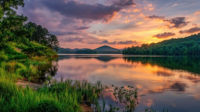 Serene lake mirrors orange purple sunset with distant mountains, lush trees and green grass.