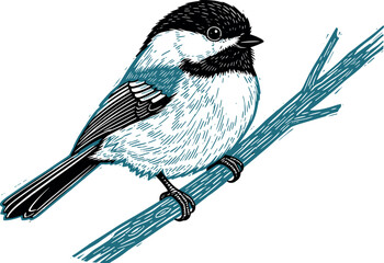  Detailed Ink Style Black Capped Chickadee Bird Perched on Branch in Blue and Black Tones Isolated on White Background Vector © MstBizly