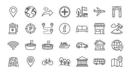 Set of icons for navigation, travel, and location services, featuring maps, points of interest, transportation, and buildings © charli