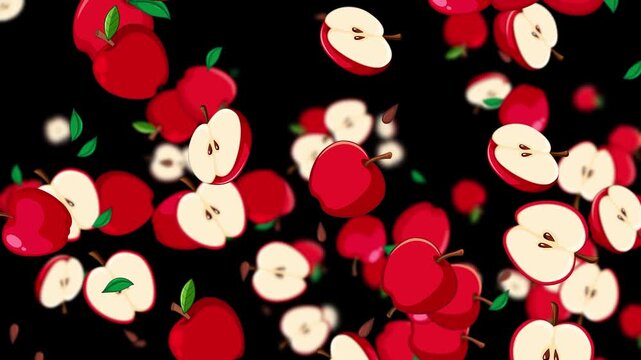 Red cartoon apples and slices falling down on black background in dynamic motion.