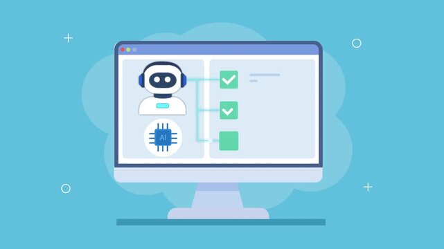 Flat vector animation of a task dashboard with robot assistant, checklist, microchip icon, and workflow elements, representing automation, productivity, and digital systems.