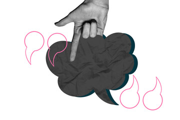 Obraz premium Exclusive art banner collage of hand show index finger point cloud communication speech chatterbox quotes conversation phrase