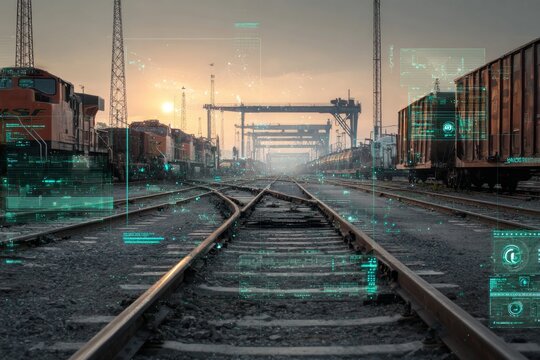 Industrial rail yard with freight trains under a digital twin overlay showing track occupancy and logistics data. AI generative