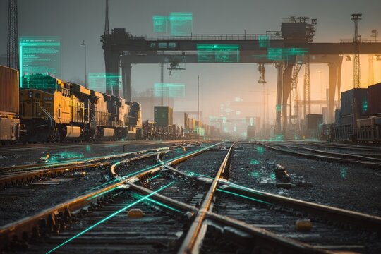 Industrial rail yard with freight trains under a digital twin overlay showing track occupancy and logistics data. AI generative