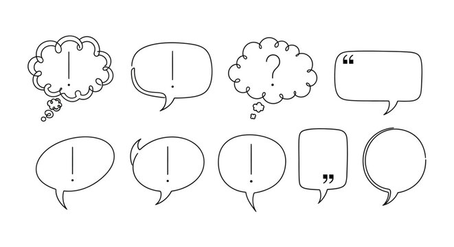 Collection of hand-drawn speech bubbles and thought clouds with punctuation marks and quotation marks, perfect for communication and design concepts