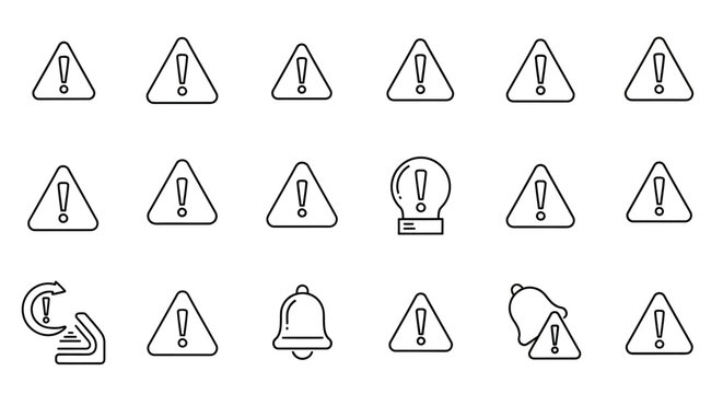 Versatile outline icon set for digital interfaces, featuring warning, alert, and notification symbols, ideal for web and mobile application design to effectively communicate important messages