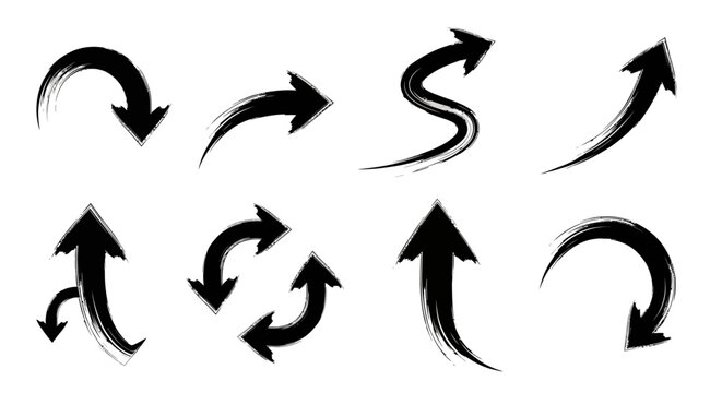 Collection of Hand-Drawn Arrow Icons with Diverse Directions and Brushstroke Styles