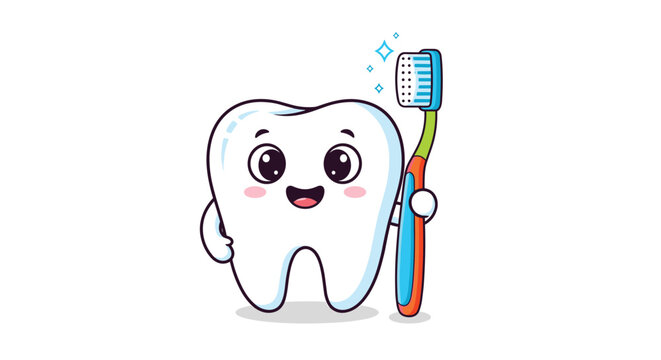 happy cartoon tooth character holding a colorful toothbrush with sparkles to promote dental health and hygiene for children and dentists.