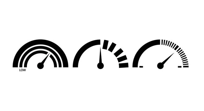 Gauge meters indicating speed, performance, and measurement with varying levels of intensity shown by the needle positions