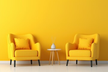 Fototapeta premium Two yellow armchairs furnishing a bright modern living room with a small side table