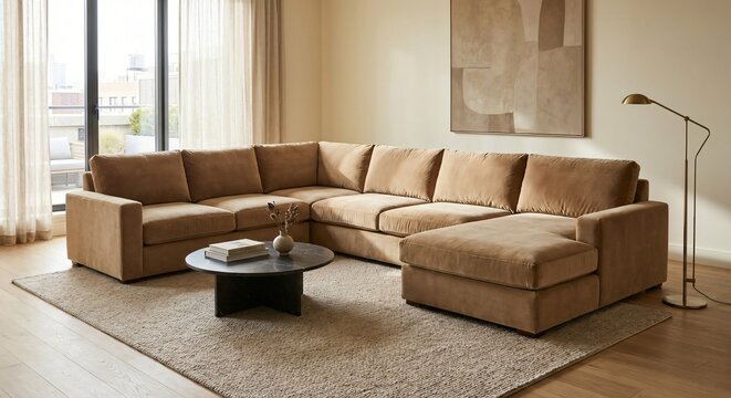 Sectional Sofa Tan Velvet Modern Living Room Interior