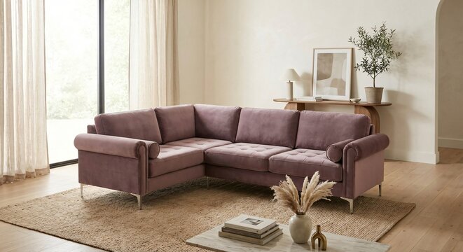 Sectional Sofa in Dusty Rose Velvet Modern Living Room