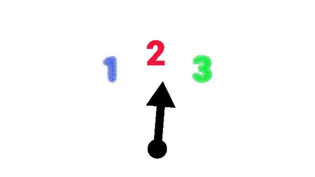 Pixel style animation of arrow pointing to numbers one two three in sequence. Visual concept of choice decision and navigation.