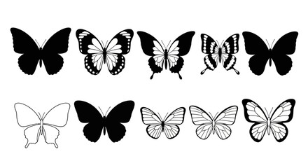 Collection of diverse butterfly silhouettes and line art illustrations on a white background © charli