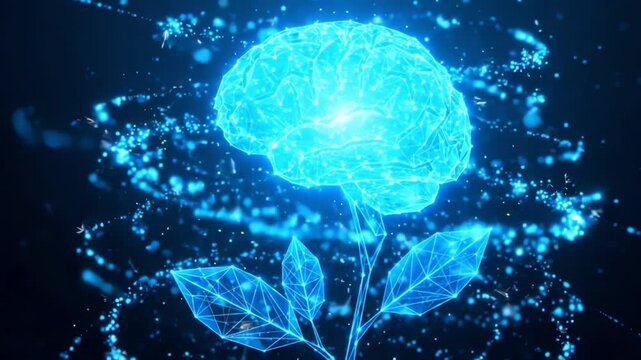 Growing Digital Intelligence: Polygonal Brain Plant Illustrating Mental Development and Innovation
