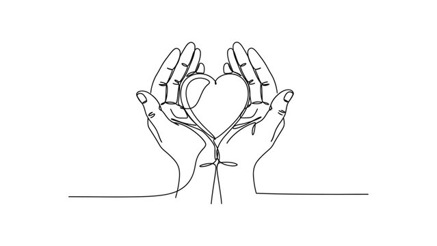 Hands holding a heart with love. Continuous line style. Hand drawn. Line art. Vector design. illustration