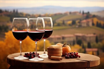 Fototapeta premium Three glasses of red wine, grapes, and crackers on a wooden table with an autumn vineyard landscape