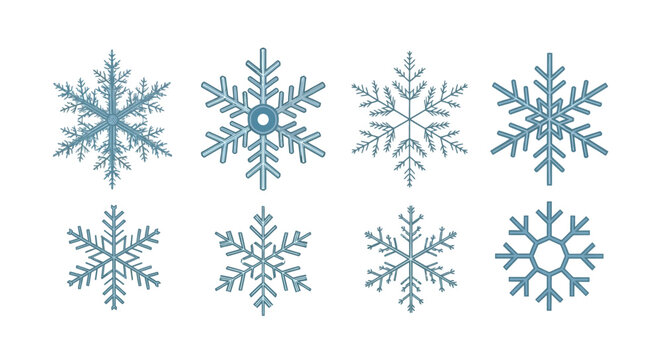 An intricate collection of diverse blue snowflake vector illustrations, embodying the unique beauty of winter, ideal for festive season designs, frosty backgrounds, and cold weather symbolism