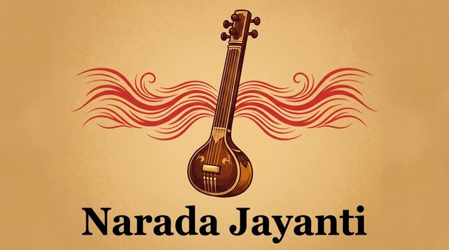 Minimalist Narada Jayanti Design with Veena and Sound Waves
