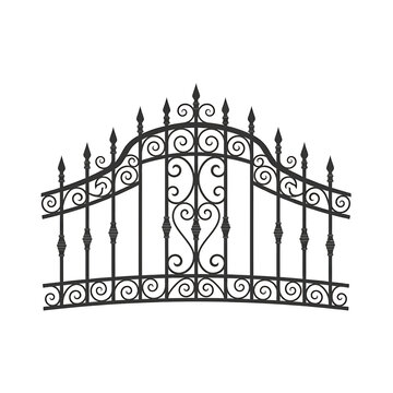 Ornate wrought iron gate vector illustration with swirl patterns