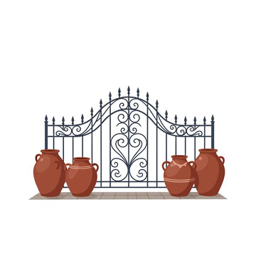 Ornate Wrought Iron Gate with Clay Terracotta Amphorae Illustration