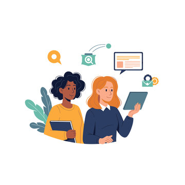 Two Businesswomen Collaborating with Digital Tablet Vector Illustration
