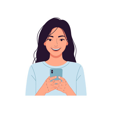 Happy Young Woman Holding Smartphone Vector Illustration