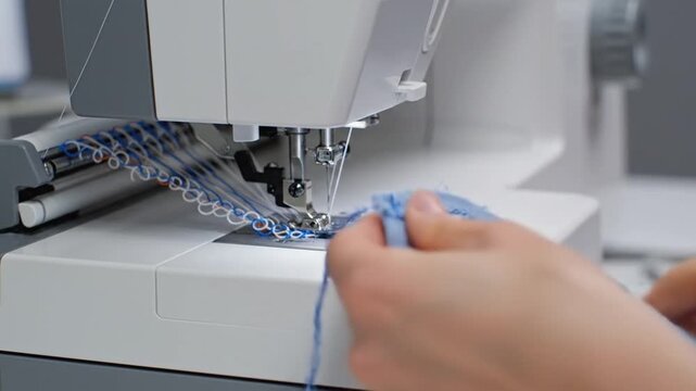 Seamstress operates sewing machine, stitching blue fabric and trimming edges with scissors in a well-lit workspace