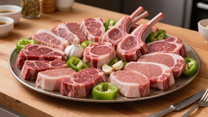 Fototapeta premium Premium selection of raw beef and lamb steaks artfully arranged on a large platter with fresh green peppers and garlic representing gourmet preparation and culinary creativity for home cooking and fin