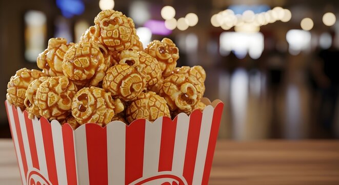 caramel popcorn in red and white striped bucket