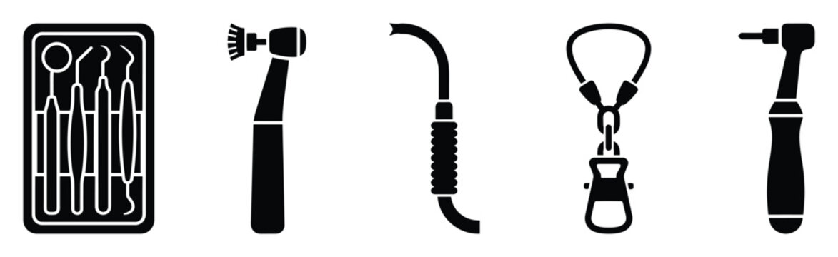 Black silhouette icons of various dental instruments and equipment used in dentistry practice, suitable for healthcare and educational graphic applications