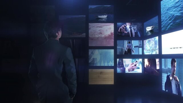 Businessman watching digital video content wall collage