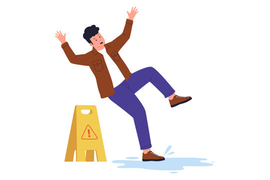 Illustration of Man Falling Down on Wet Slippery Floor. A man losing balance and falling on a puddle next to a yellow wet floor warning sign, representing workplace safety and accidents