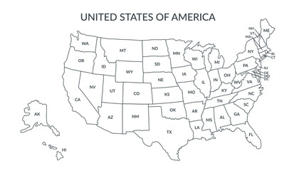 A detailed political map of the United States of America with an abbreviated names of states2. Vector flat clipart. © Julia Anisimova