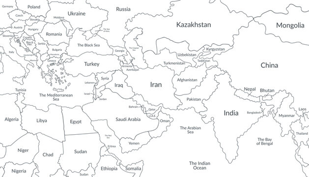 Detailed political map of the Middle East and nearby regions4. Vector flat background.
