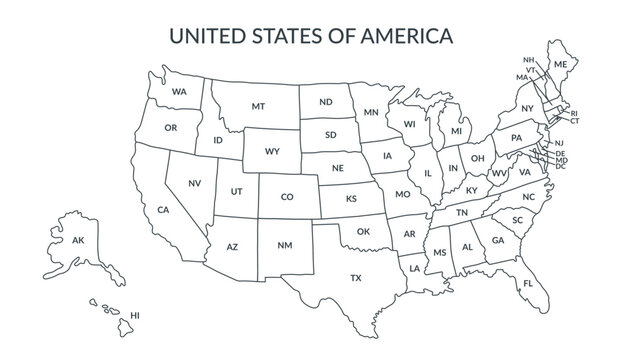 A detailed political map of the United States of America with an abbreviated names of states2. Vector flat clipart.